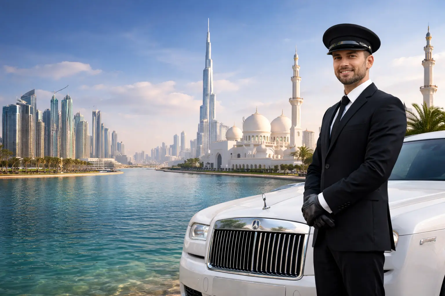 Private driver sightseeing Dubai Abu Dhabi - Burj Khalifa Sheikh Zayed Mosque tour chauffeur